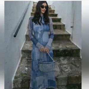 Zara patchwork denim print dress M